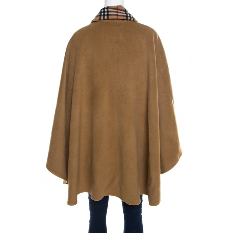 Pre Owned Burberry Camel Brown Novacheck Detail Fringed Bottom Cape