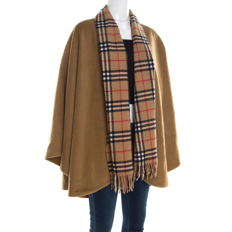 Pre Owned Burberry Camel Brown Novacheck Detail Fringed Bottom Cape