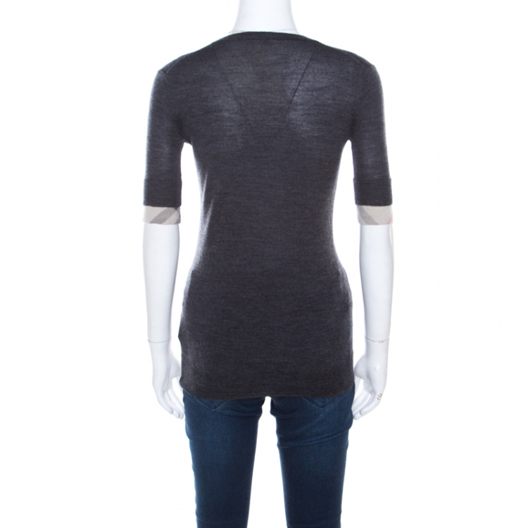 Pre Owned Burberry Brit Dark Grey Merino Wool Novacheck Trim Sweater Top S