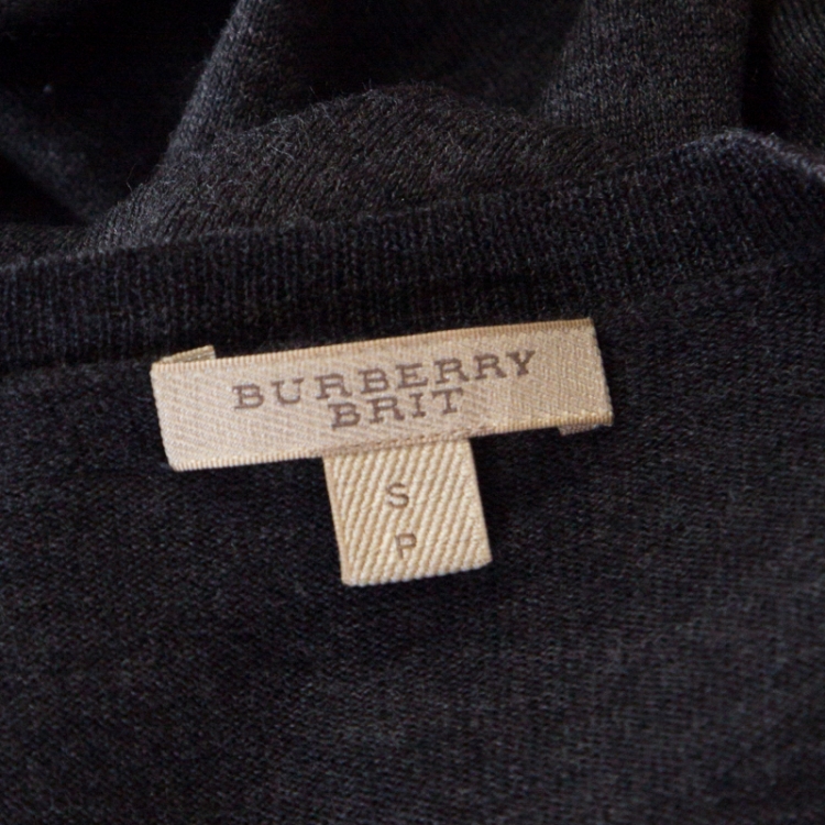 Pre Owned Burberry Brit Dark Grey Merino Wool Novacheck Trim Sweater Top S