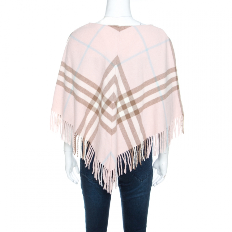 Pre Owned Burberry Pale Pink Novacheck Cashmere Fringed Poncho ( One Size )