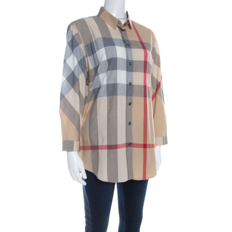 Pre Owned Burberry Brit Beige Cotton Novacheck Long Sleeve Button Front Shirt XL