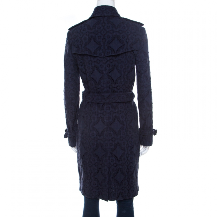Pre Owned Burberry London Navy Blue Lace Double Breasted Trench Coat S