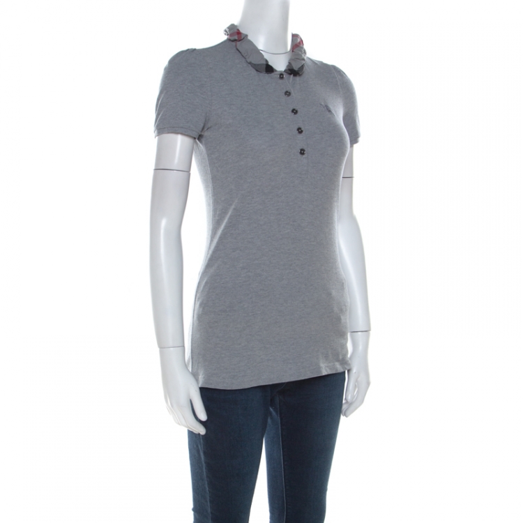 Pre Owned Burberry Brit Grey Honeycomb Knit Novacheck Collar Detail Polo T-Shirt XS