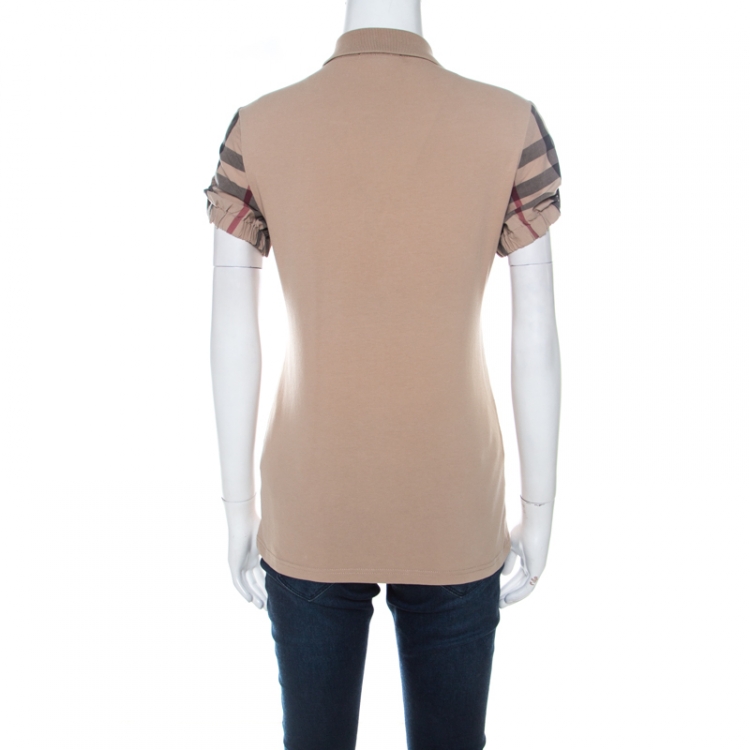 Pre Owned Burberry Beige Cotton Pique Knit Novacheck Sleeve Polo T-Shirt S