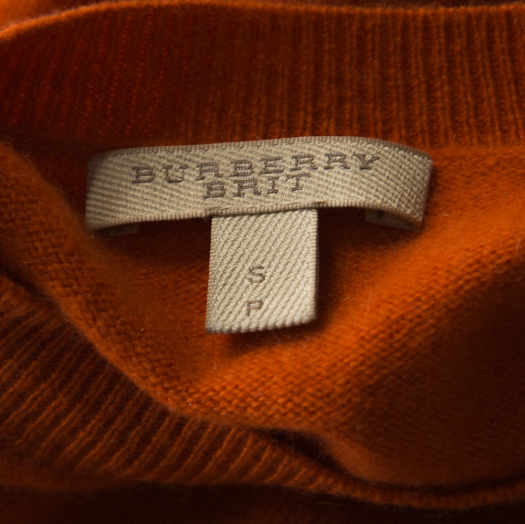 Pre Owned Burberry Brit Orange Cashmere Elbow Patch Detail Crew Neck Sweater S