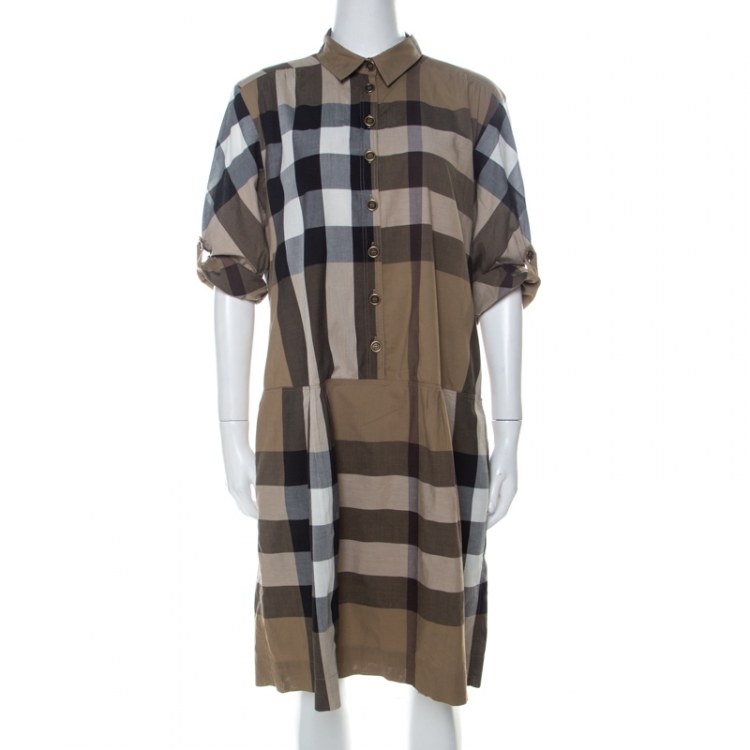 Pre Owned Burberry Brit Brown Novacheck Cotton Drop Waist Dress M