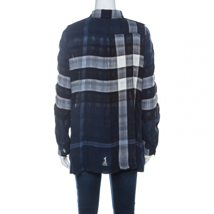مملوكة مسبقًا Burberry Navy Blue Black & White Tartan Wool Blend Shirt L