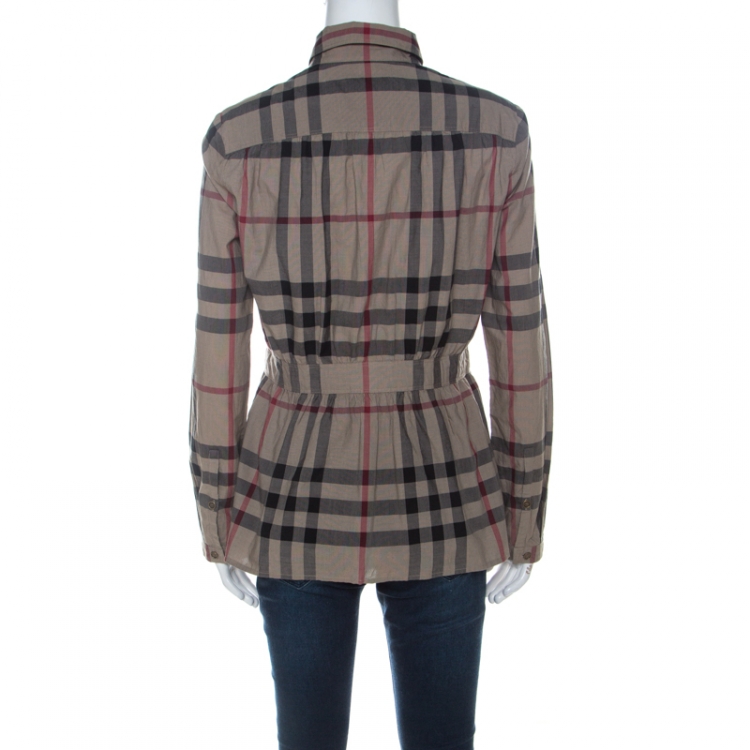 Pre Owned Burberry Beige Taupe Nova Check Cotton Peplum Style Button Down Shirt S  