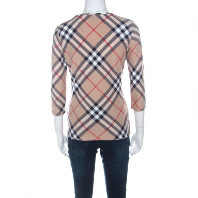 Pre Owned Burberry Beige Nova Check Cotton Stretch V Neck Three Quarter Sleeve Top S  
