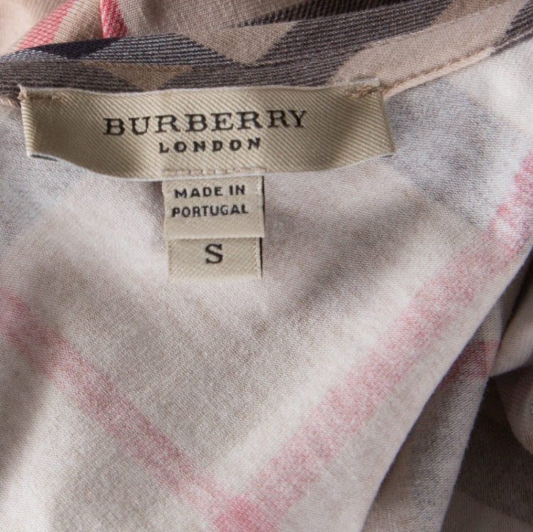 Pre Owned Burberry Beige Nova Check Cotton Stretch V Neck Three Quarter Sleeve Top S  