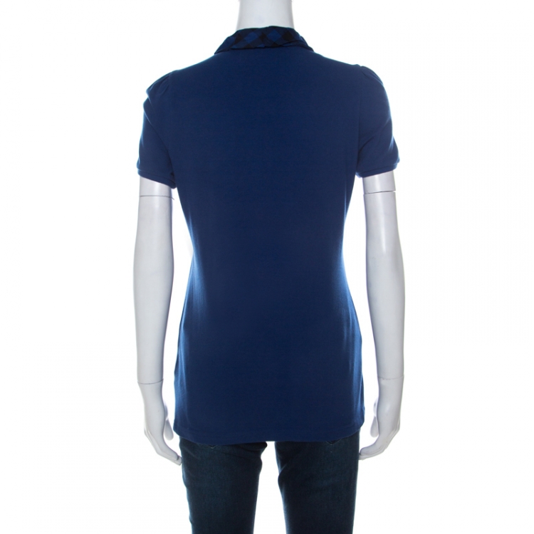 Pre Owned Burberry Brit Blue Honeycomb Knit Novacheck Collar Detail Polo T-Shirt M