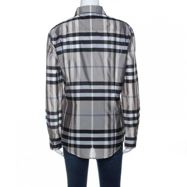 Pre Owned Burberry Grey Nova Check Silk Blend Slim Fit Button Front Shirt M