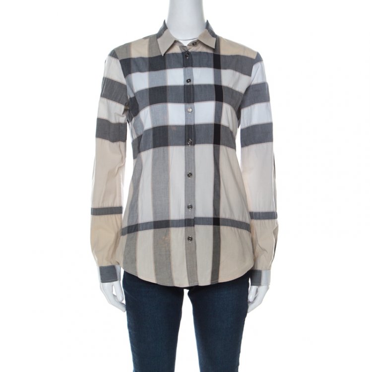 مملوكة مسبقًا Burberry Beige Nova Check Cotton Blend Button Front Shirt XS
