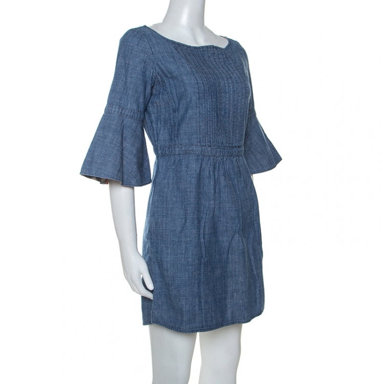 مملوكة مسبقًا Burberry Chambray Blue Pintuck Detail Denim Short Dress S