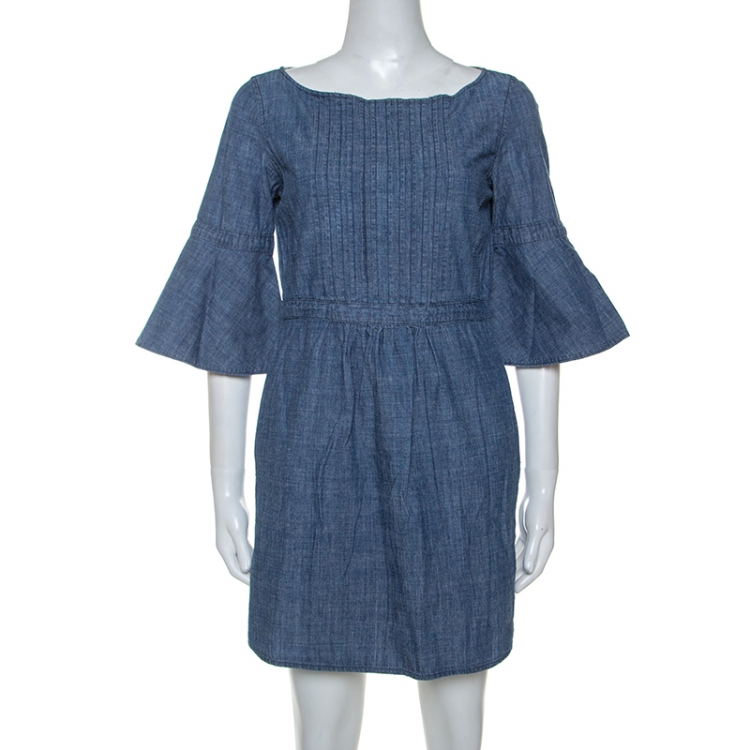 مملوكة مسبقًا Burberry Chambray Blue Pintuck Detail Denim Short Dress S