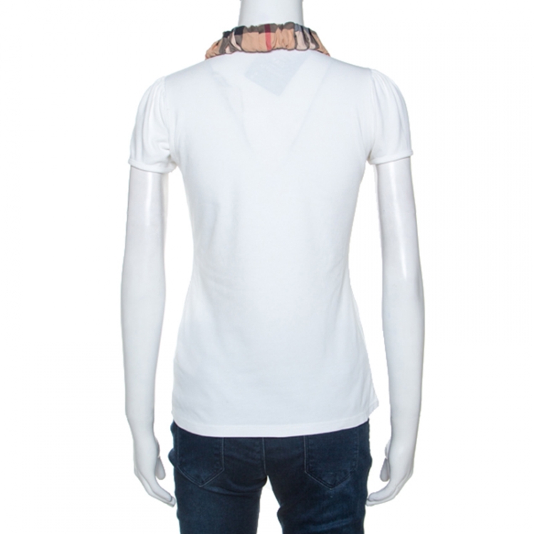 Pre Owned Burberry Brit White Cotton Pique Checked Collar Polo T-shirt S
