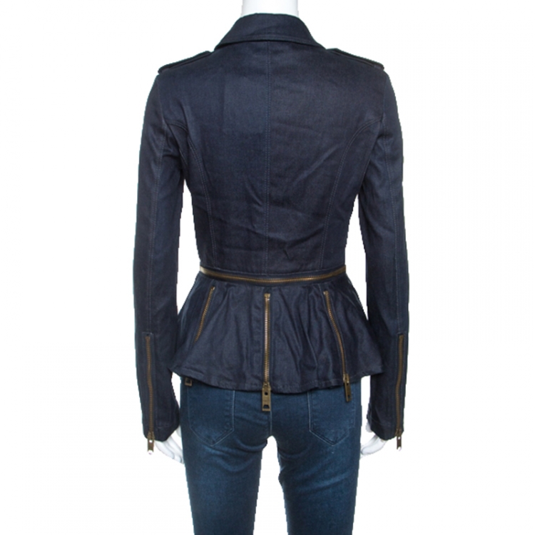Pre Owned Burberry Indigo Denim Detachable Peplum Zip Detail Jacket S