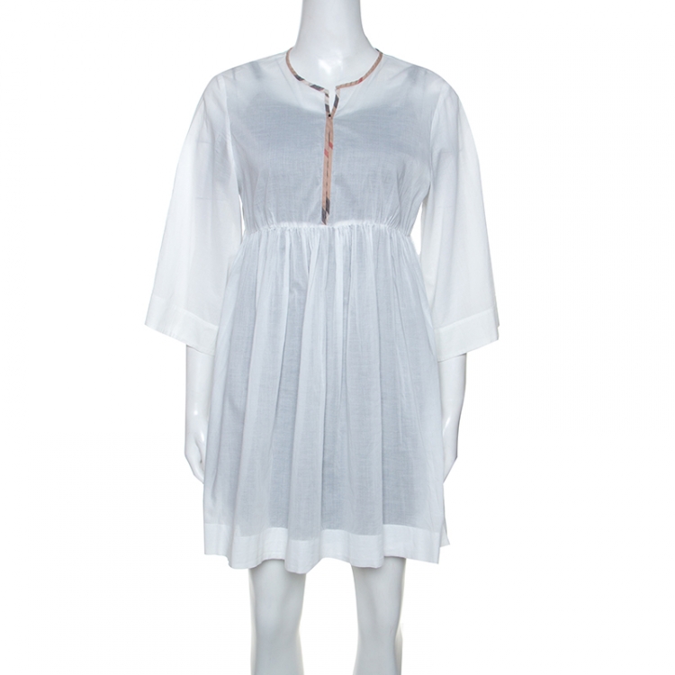 Pre Owned Burberry White Cotton Elasticized Waist Tunic Dress M