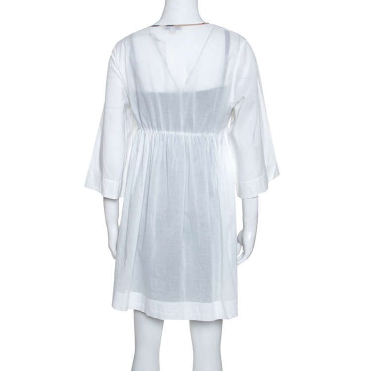 Pre Owned Burberry White Cotton Elasticized Waist Tunic Dress M