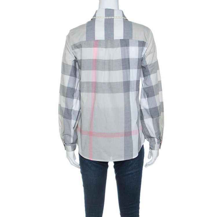 Pre Owned Burberry Pale Grey Plaid Checked Cotton Ruffle Detail Shirt S