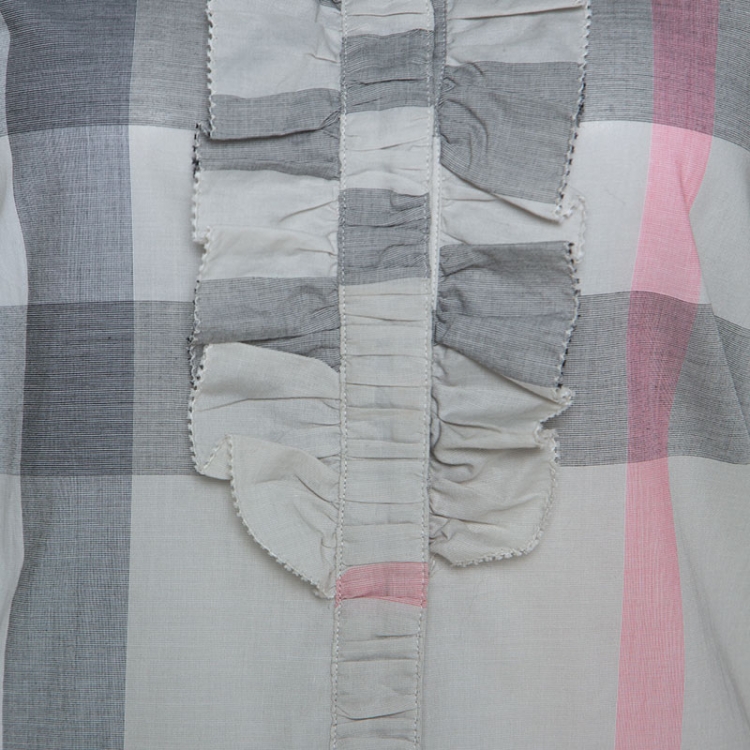 Pre Owned Burberry Pale Grey Plaid Checked Cotton Ruffle Detail Shirt S