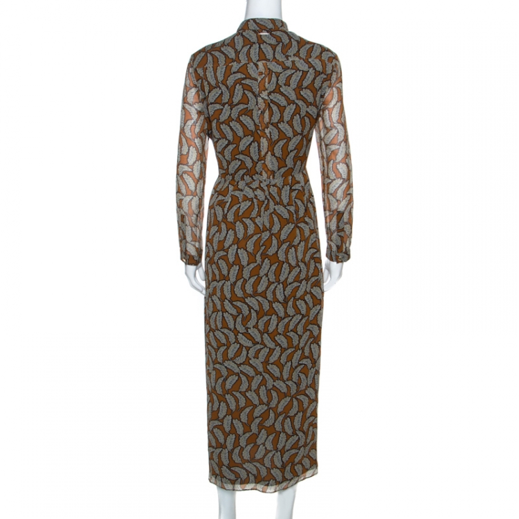 Pre Owned Burberry Brown Leaf Print Silk Long Sleeve Midi Dress M