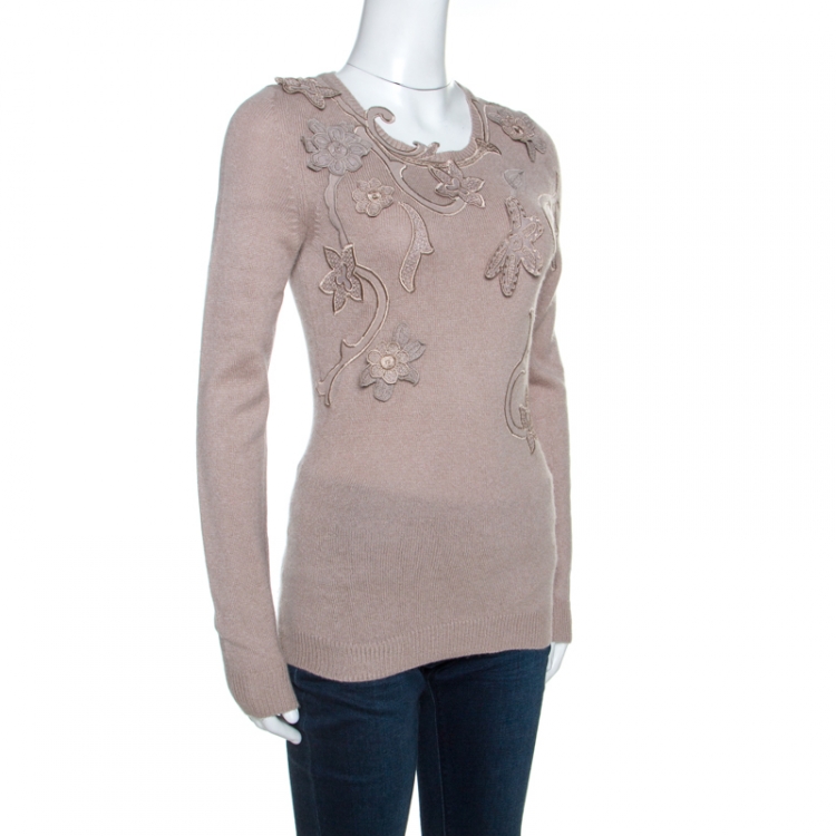 مملوكة مسبقًا Burberry Beige Cashmere Floral Applique Sweater S