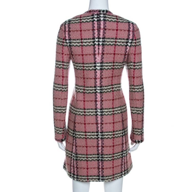 Pre Owned Burberry Pink Checkered Tweed Zip Front Sweater Dress S