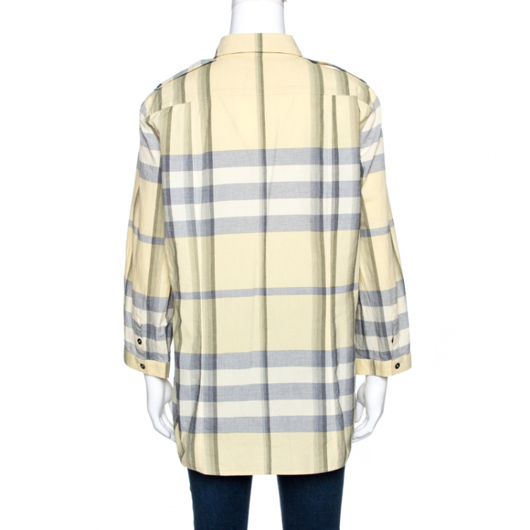 Pre Owned Burberry Brit Light Yellow Checked Cotton Long Sleeve Shirt XL
