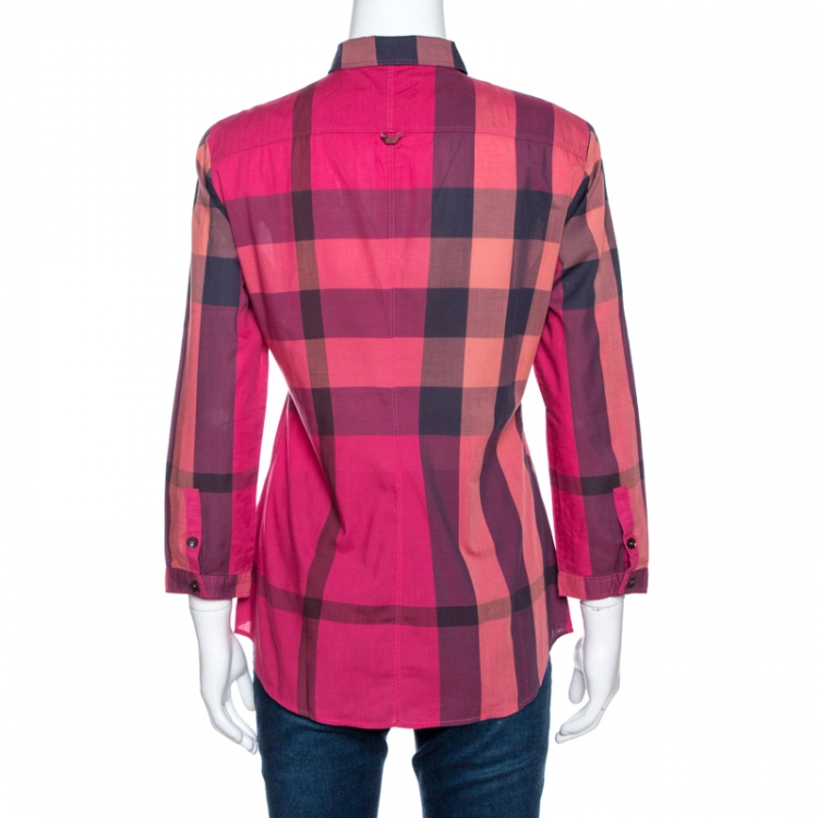 Pre Owned Burberry Brit Fuschia Pink Checked Cotton Gathered Detail Shirt S