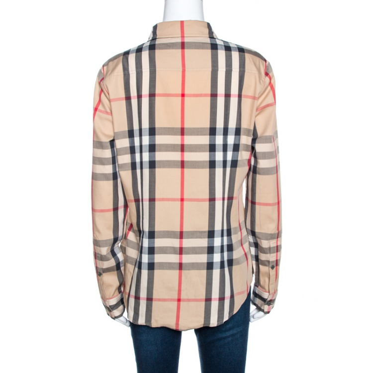 Pre Owned Burberry Brit Beige Nova Check Stretch Cotton Shirt L