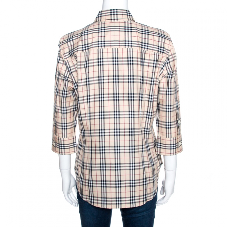 مملوكة مسبقًا Burberry Beige Nova Check Cotton Three Quarter Sleeve Shirt L