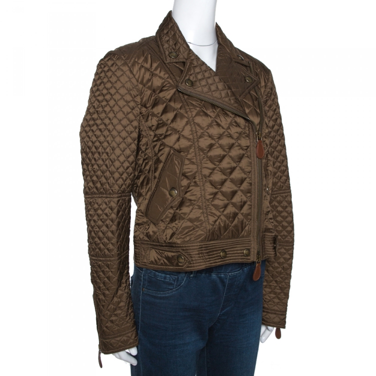 مملوكة مسبقًا Burberry Military Green Quilted Synthetic Biker Jacket L