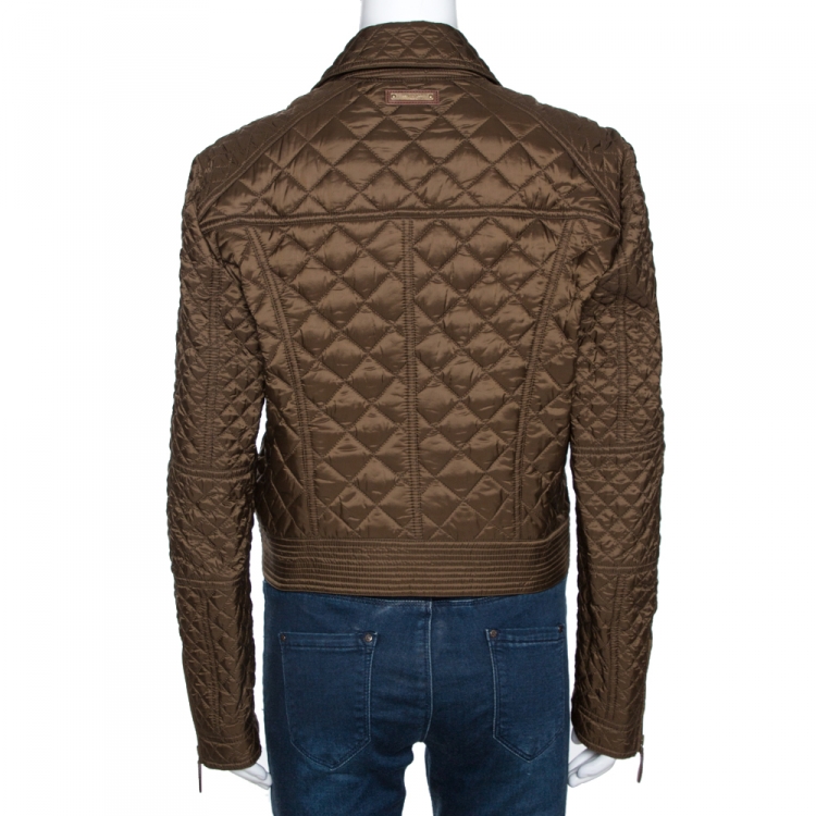 مملوكة مسبقًا Burberry Military Green Quilted Synthetic Biker Jacket L