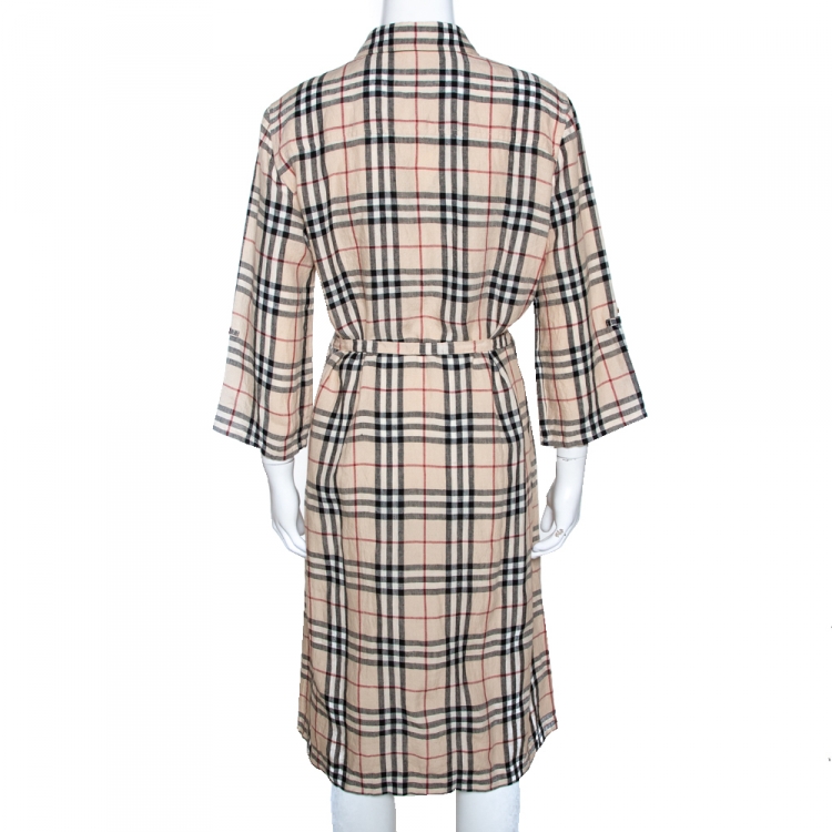 Pre Owned Burberry Beige Nova Check Linen Belted Shirt Dress L