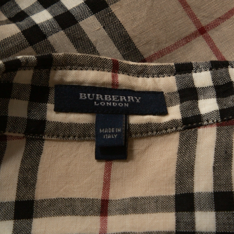 Pre Owned Burberry Beige Nova Check Linen Belted Shirt Dress L