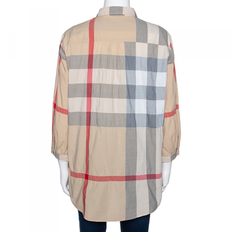 Pre Owned Burberry Brit Beige Exploded Check Cotton Tunic Blouse L