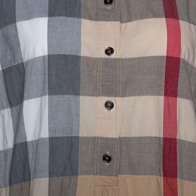Pre Owned Burberry Brit Beige Exploded Check Cotton Tunic Blouse L
