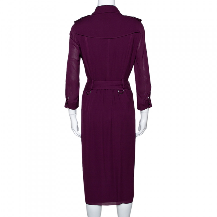 Pre Owned Burberry Purple Georgette Faux Wrap Trench Dress M