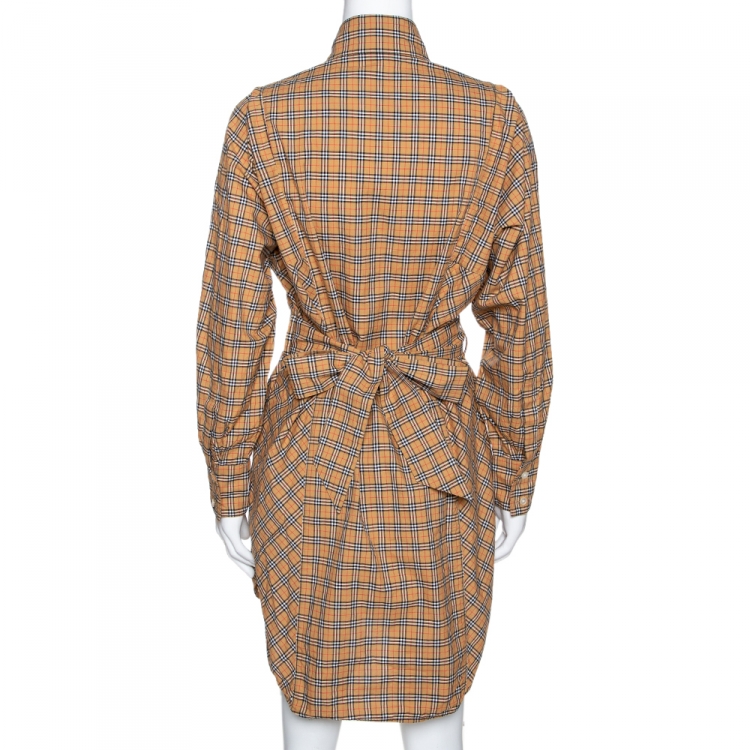 Pre Owned Burberry Beige House Check Cotton Belted Shift Dress S