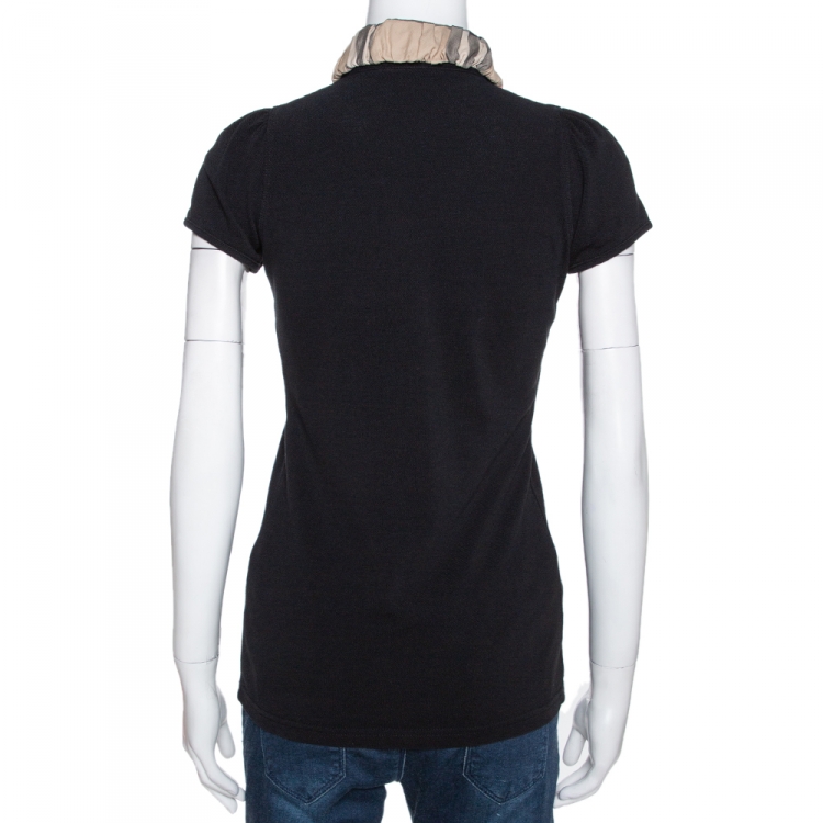 Pre Owned Burberry Black Cotton Pique Ruched Collar Polo T-Shirt S