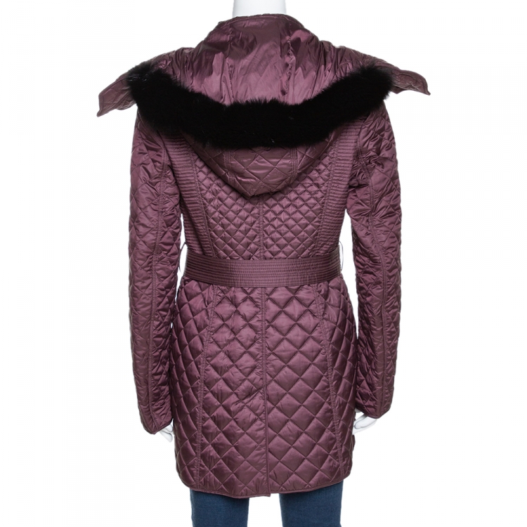 Pre Owned Burberry Burgundy Quilted Fur Lined Detachable Hood Detail Jacket M
