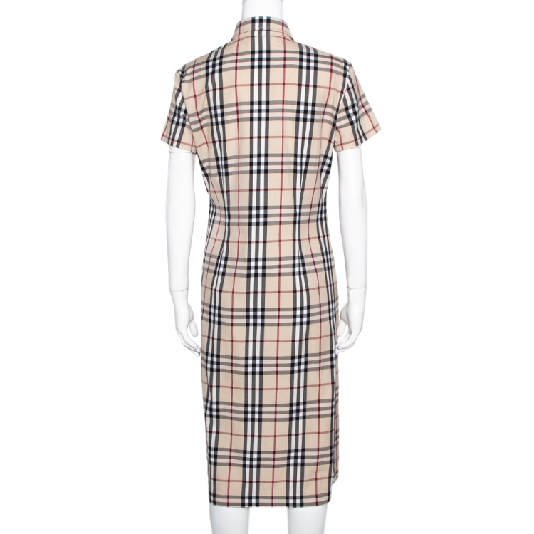 Pre Owned Burberry Beige House Check Cotton Button Front Shirt Dress M