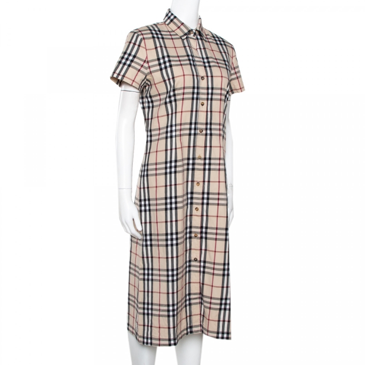 Burberry Beige House Check Cotton Button Front Shirt Dress M