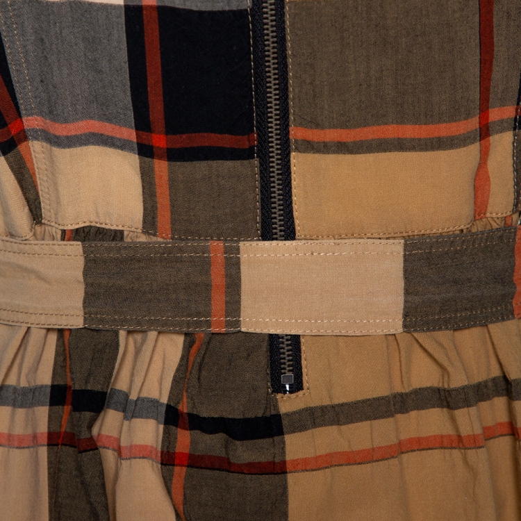 Pre Owned Burberry Brit Beige Giant Checked Cotton Belted Dress S