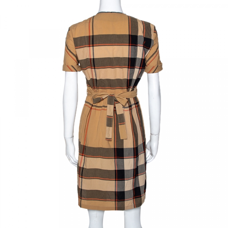 Pre Owned Burberry Brit Beige Giant Checked Cotton Belted Dress S