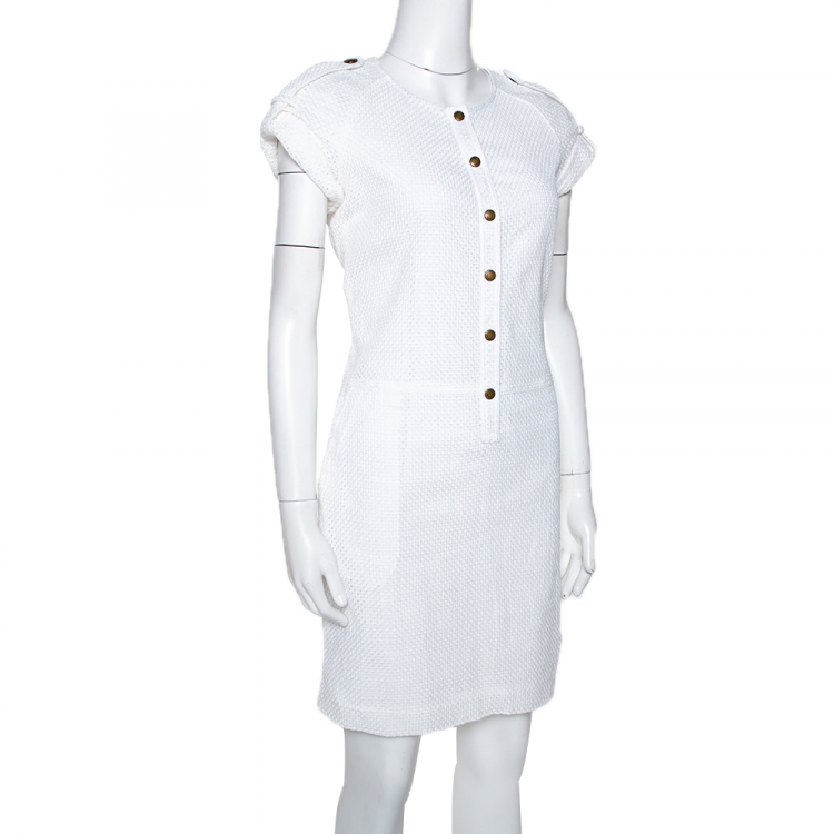 Burberry Brit White Cotton Cutout Pattern Button Front Dress M Burberry