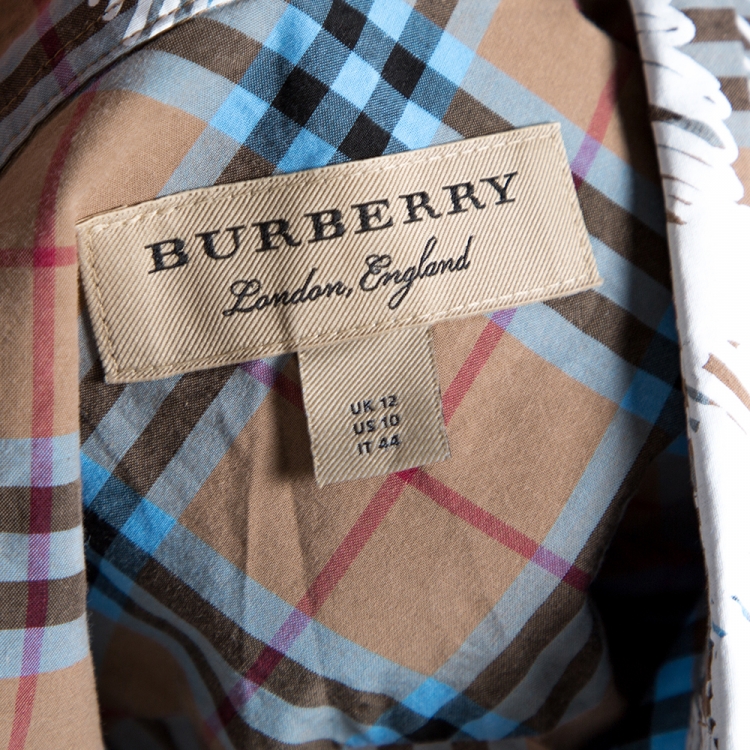 مملوكة مسبقًا Burberry Dark Beige Scribbled Check Cotton Long Sleeve Shirt M
