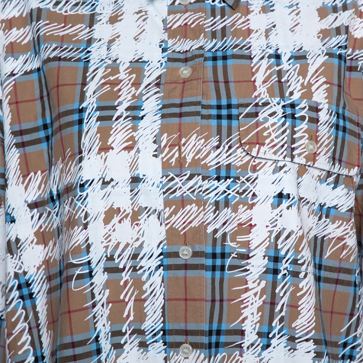مملوكة مسبقًا Burberry Dark Beige Scribbled Check Cotton Long Sleeve Shirt M